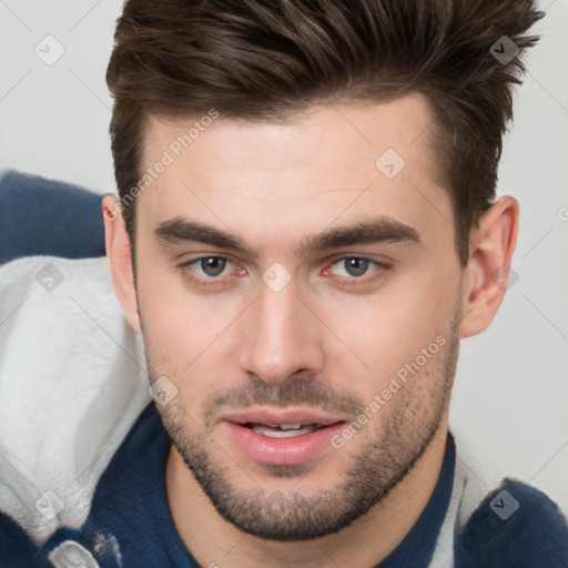 Neutral white young-adult male with short  brown hair and brown eyes