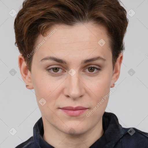 Joyful white young-adult female with short  brown hair and brown eyes