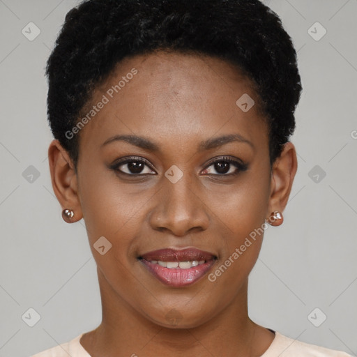 Joyful black young-adult female with short  brown hair and brown eyes