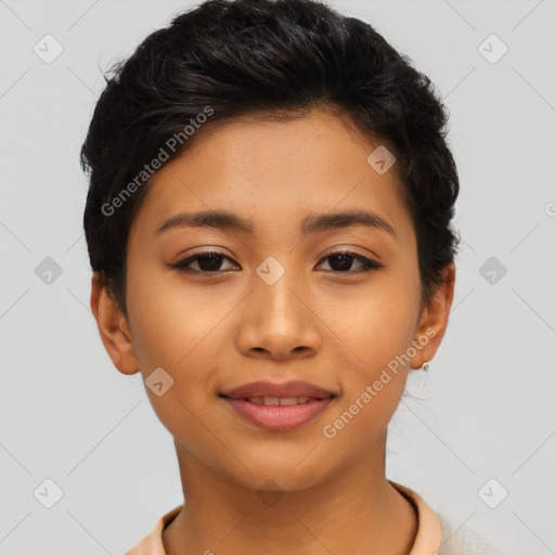 Joyful latino young-adult female with short  brown hair and brown eyes