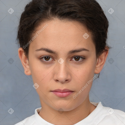 Neutral white young-adult female with short  brown hair and brown eyes