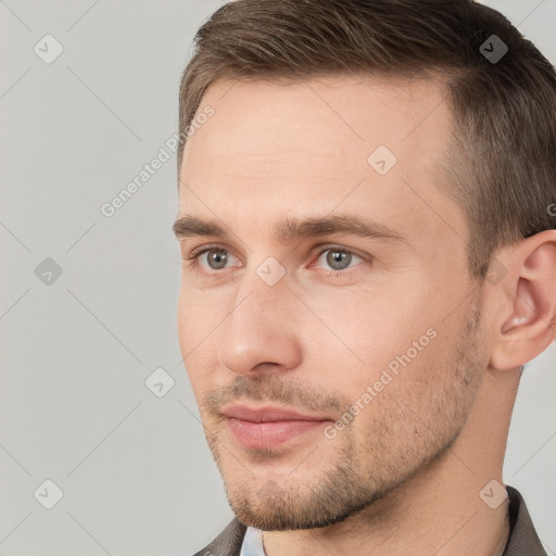 Neutral white young-adult male with short  brown hair and brown eyes