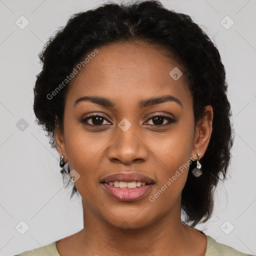 Joyful latino young-adult female with short  black hair and brown eyes