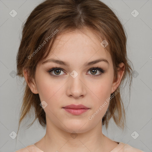 Neutral white young-adult female with medium  brown hair and brown eyes