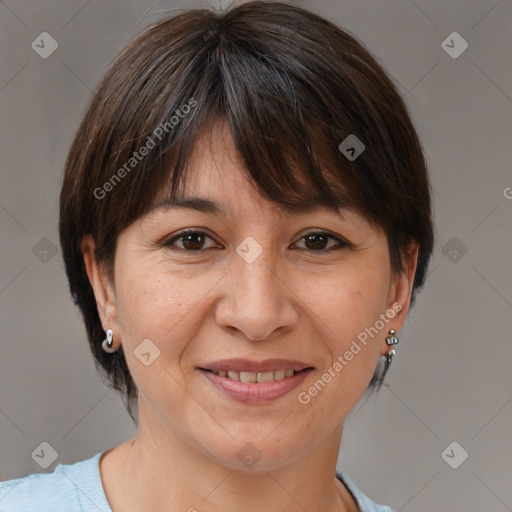 Joyful white adult female with medium  brown hair and brown eyes