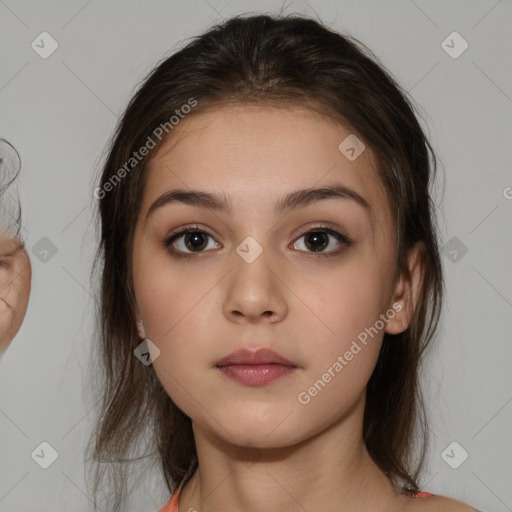 Neutral white young-adult female with medium  brown hair and brown eyes