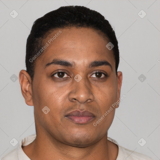 Neutral latino young-adult male with short  black hair and brown eyes