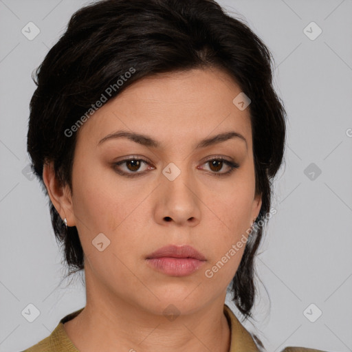 Neutral white young-adult female with medium  brown hair and brown eyes