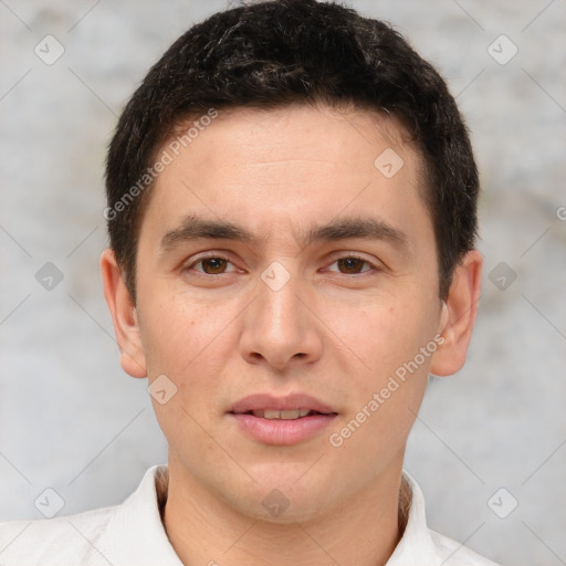 Joyful white young-adult male with short  brown hair and brown eyes