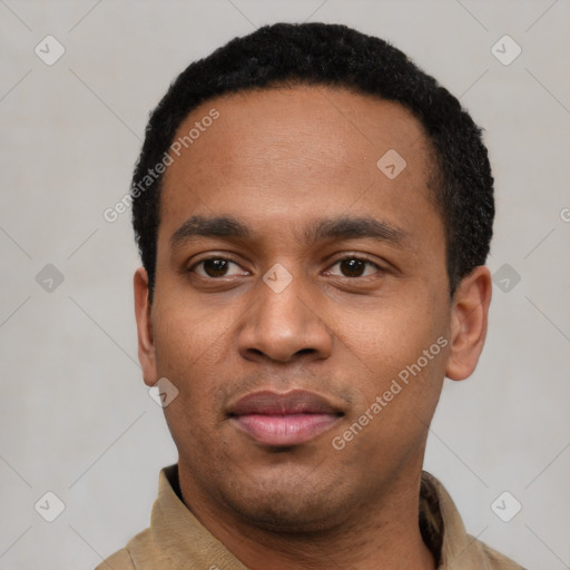 Neutral latino young-adult male with short  black hair and brown eyes