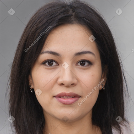 Joyful asian young-adult female with long  brown hair and brown eyes