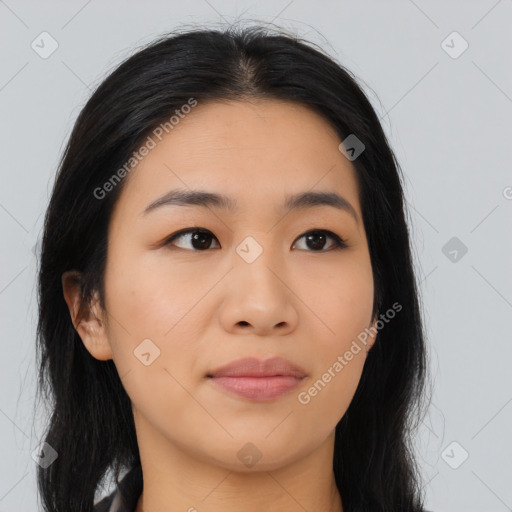 Neutral asian young-adult female with long  black hair and brown eyes