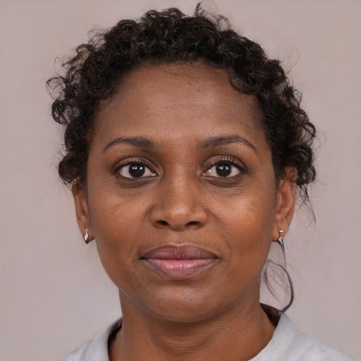 Joyful black adult female with short  brown hair and brown eyes