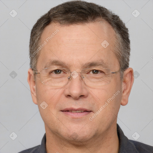 Joyful white middle-aged male with short  brown hair and brown eyes