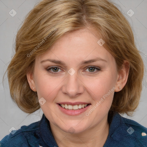 Joyful white young-adult female with medium  brown hair and blue eyes