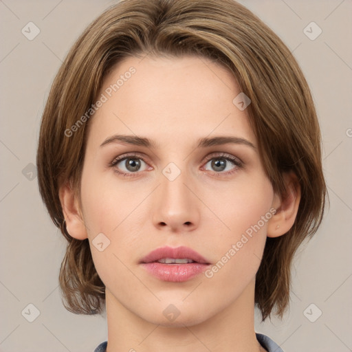 Neutral white young-adult female with medium  brown hair and grey eyes