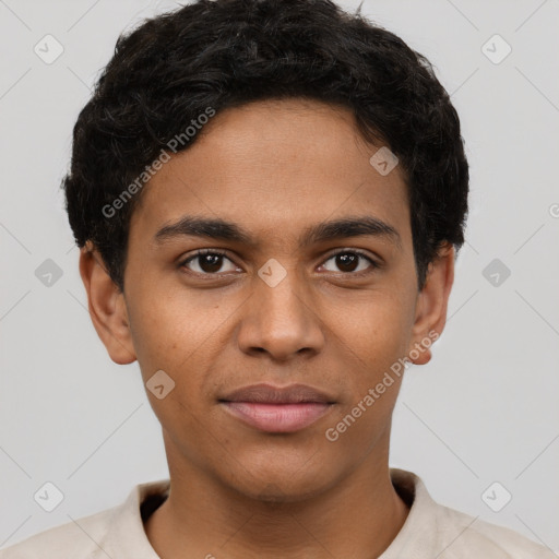 Joyful latino young-adult male with short  brown hair and brown eyes