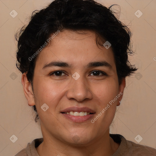 Joyful white young-adult male with medium  brown hair and brown eyes