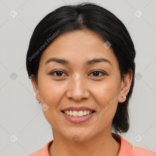 Joyful latino young-adult female with medium  black hair and brown eyes