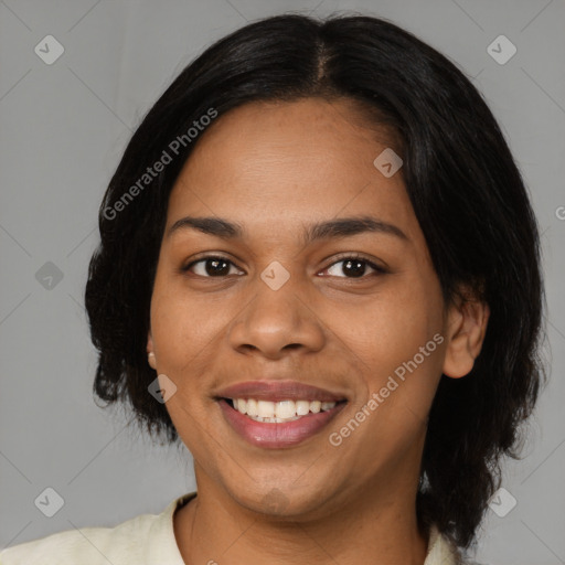 Joyful latino young-adult female with medium  black hair and brown eyes