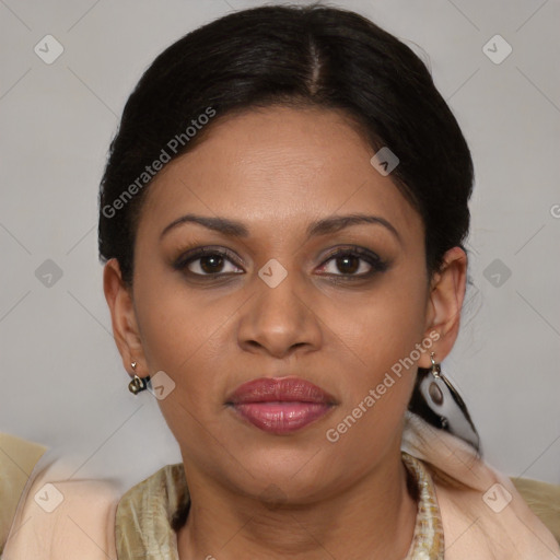 Joyful latino young-adult female with medium  brown hair and brown eyes