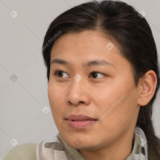 Neutral asian young-adult female with medium  brown hair and brown eyes