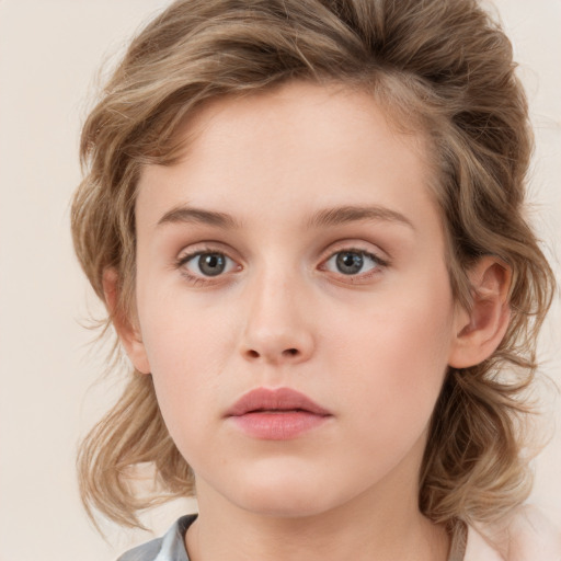 Neutral white child female with medium  brown hair and grey eyes