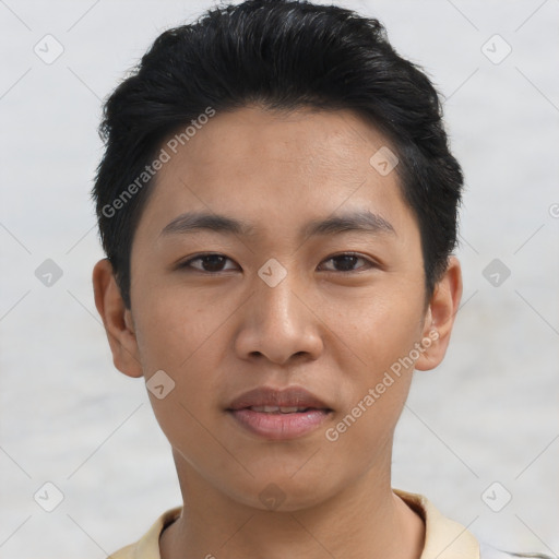 Joyful asian young-adult male with short  black hair and brown eyes