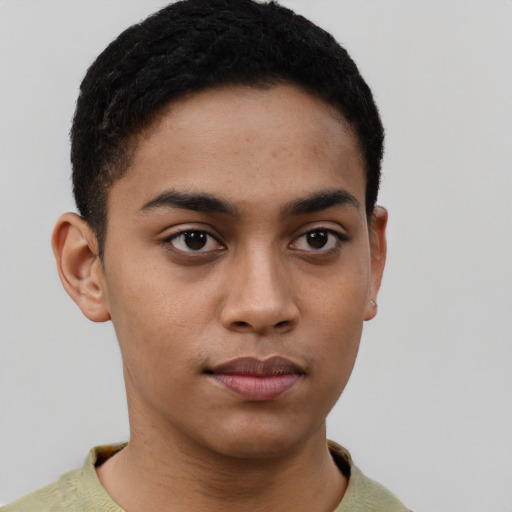Neutral latino young-adult male with short  brown hair and brown eyes