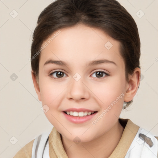 Joyful white child female with medium  brown hair and brown eyes