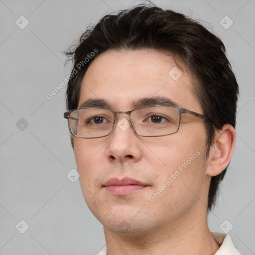 Neutral white young-adult male with short  brown hair and brown eyes