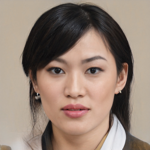 Neutral asian young-adult female with medium  black hair and brown eyes