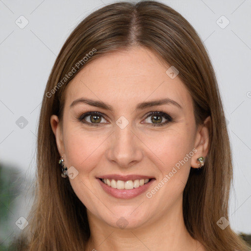 Joyful white young-adult female with long  brown hair and green eyes