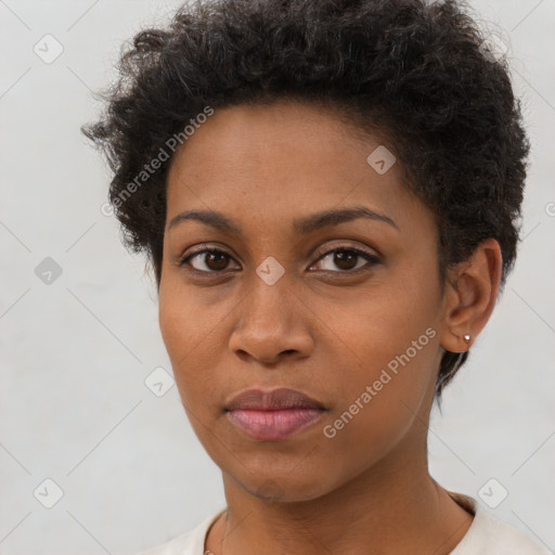 Neutral black young-adult female with short  brown hair and brown eyes