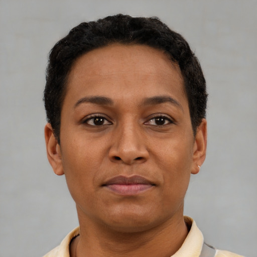 Neutral latino young-adult female with short  brown hair and brown eyes