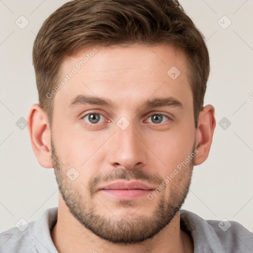 Neutral white young-adult male with short  brown hair and brown eyes