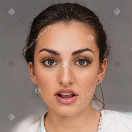 Neutral white young-adult female with medium  brown hair and brown eyes