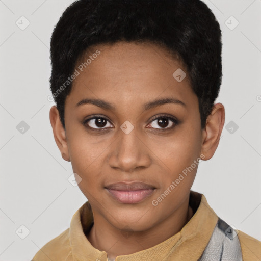 Joyful black young-adult female with short  black hair and brown eyes