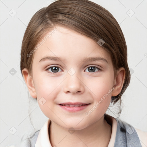 Joyful white child female with medium  brown hair and grey eyes