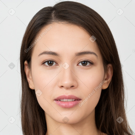 Neutral white young-adult female with long  brown hair and brown eyes