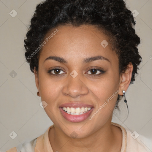 Joyful latino young-adult female with short  black hair and brown eyes