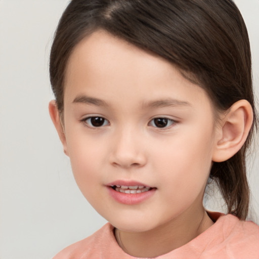 Joyful white child female with medium  brown hair and brown eyes