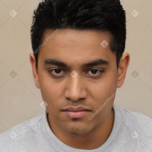 Neutral latino young-adult male with short  black hair and brown eyes