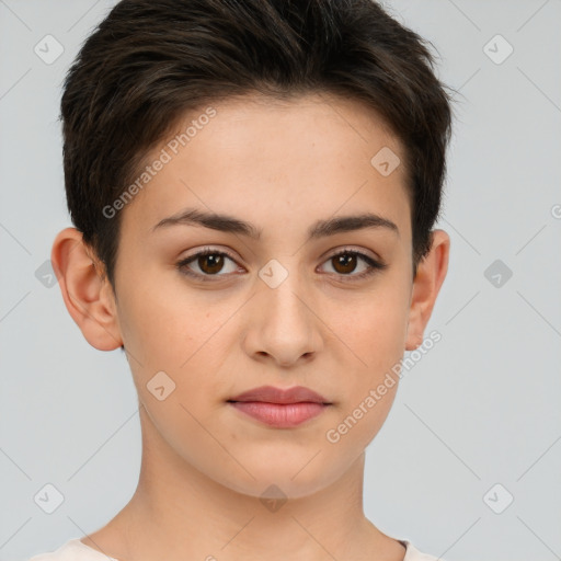 Joyful white young-adult female with short  brown hair and brown eyes