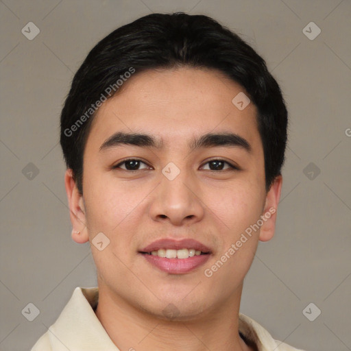 Joyful asian young-adult male with short  black hair and brown eyes