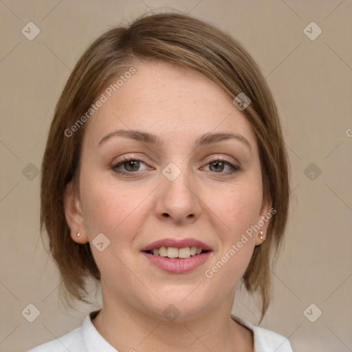 Joyful white young-adult female with medium  brown hair and grey eyes