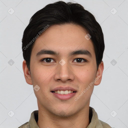 Joyful asian young-adult male with short  black hair and brown eyes