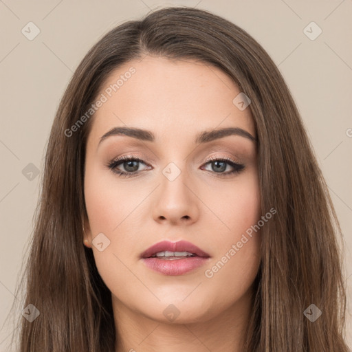 Neutral white young-adult female with long  brown hair and brown eyes