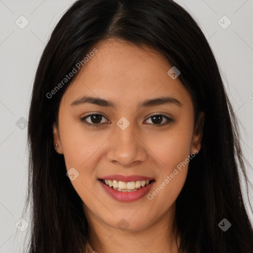 Joyful asian young-adult female with long  brown hair and brown eyes