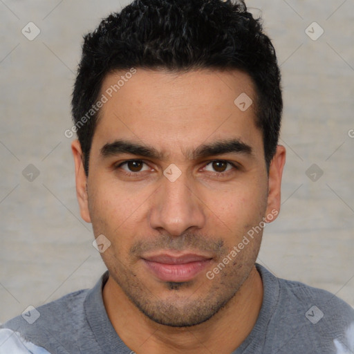 Neutral white young-adult male with short  black hair and brown eyes